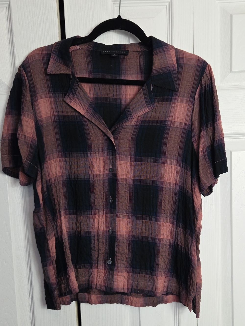 Jane and Delancey Pink and Black Plaid Short Sleeve Button-Down
